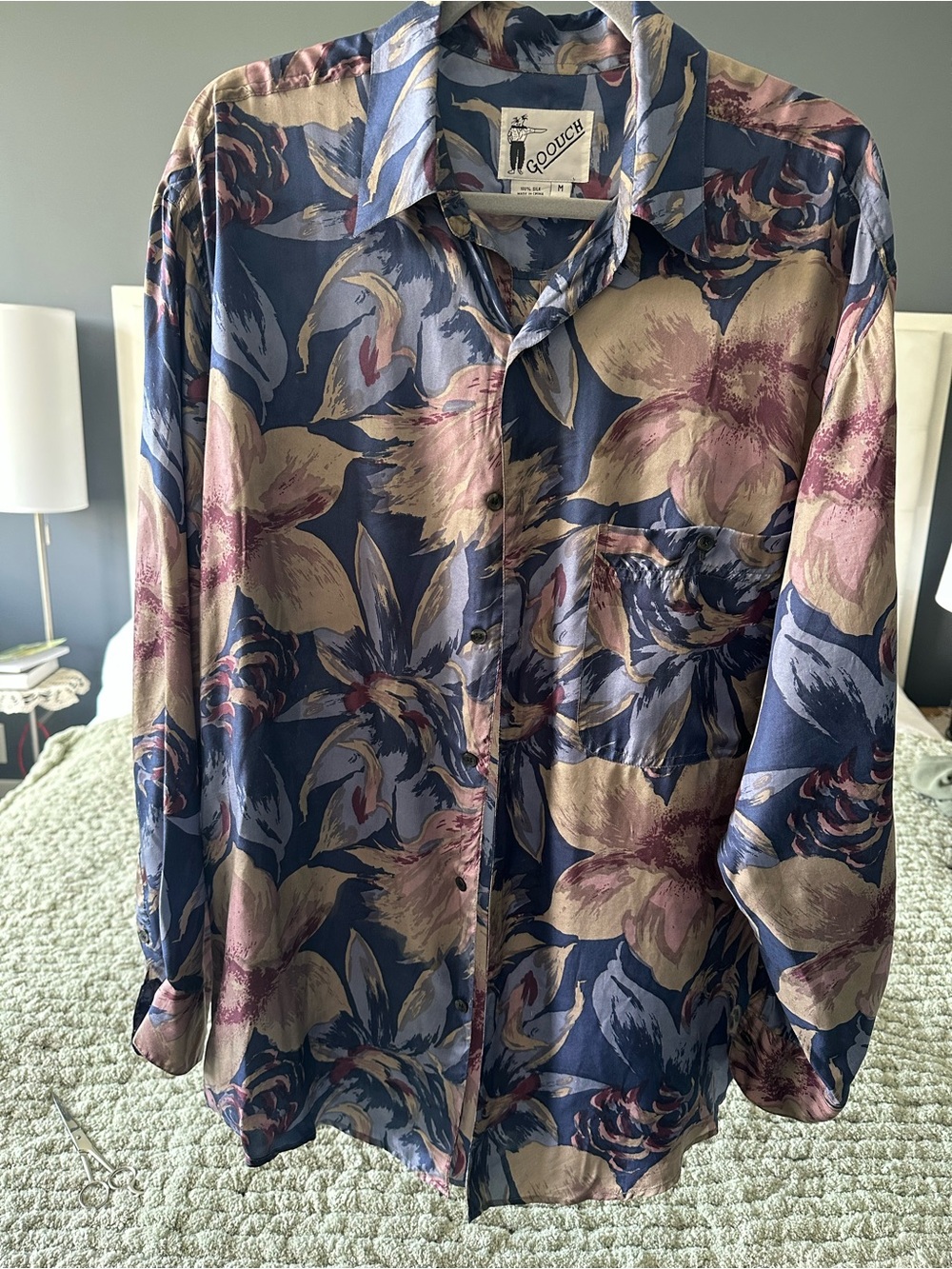 Vintage Goouch Men's 100% Silk Floral Button-Up Shirt Long Sleeve